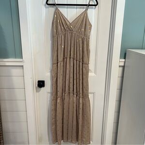 Altar’d State Elegant Shimmering Tan Gold Polka Dot‎ Ruffle Dress. Size Medium.